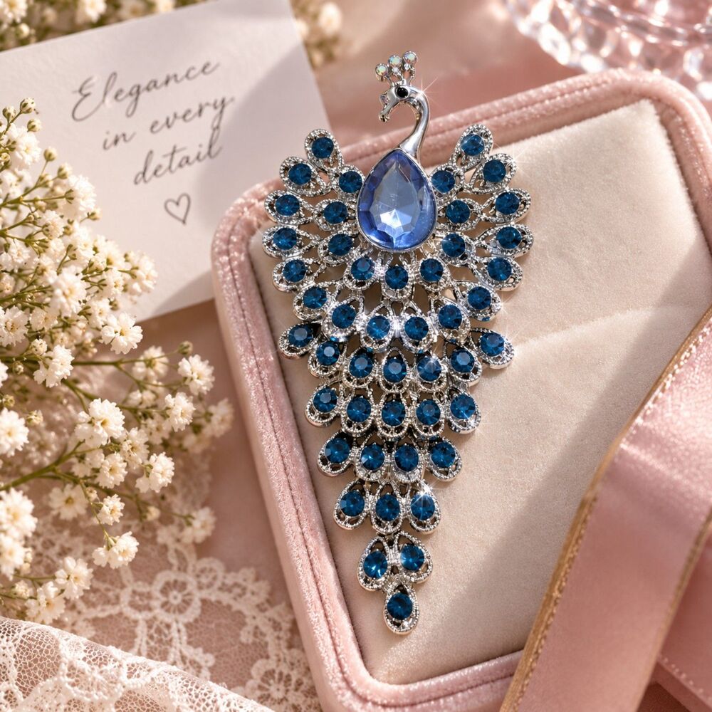 Blue Peacock Brooch, Rhinestone Statement Pin, Silver Tone Crystal Bird Jewelry